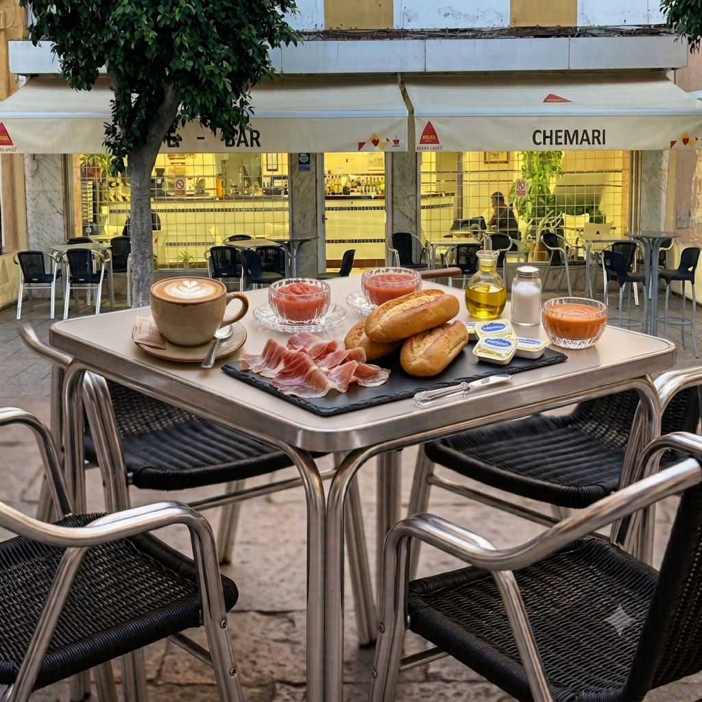Desayuno con tostadas de pan con jamón serrano, tomate triturado, aceite de oliva y tazas de café con leche.