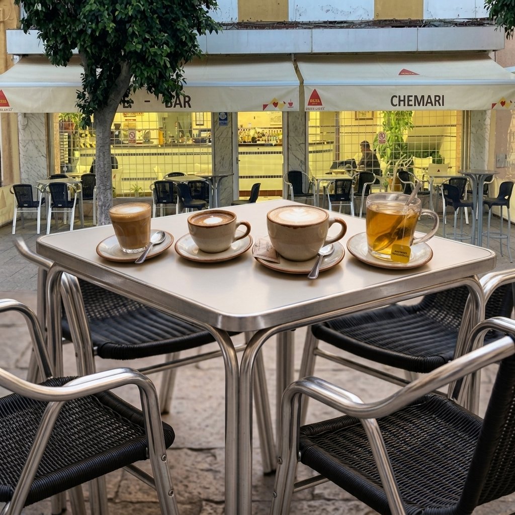 Surtido de bebidas calientes sobre una barra que incluye café solo, café cappuccino con espuma, té e infusiones.